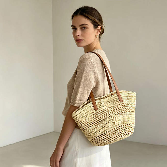 9a+ ysl small panier raffia tote bag
